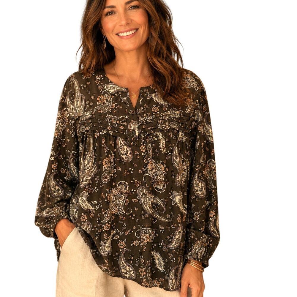Lane Bryant Olive Paisley Top Womens Size 16 Pintucked Popover Boho Blouse XL